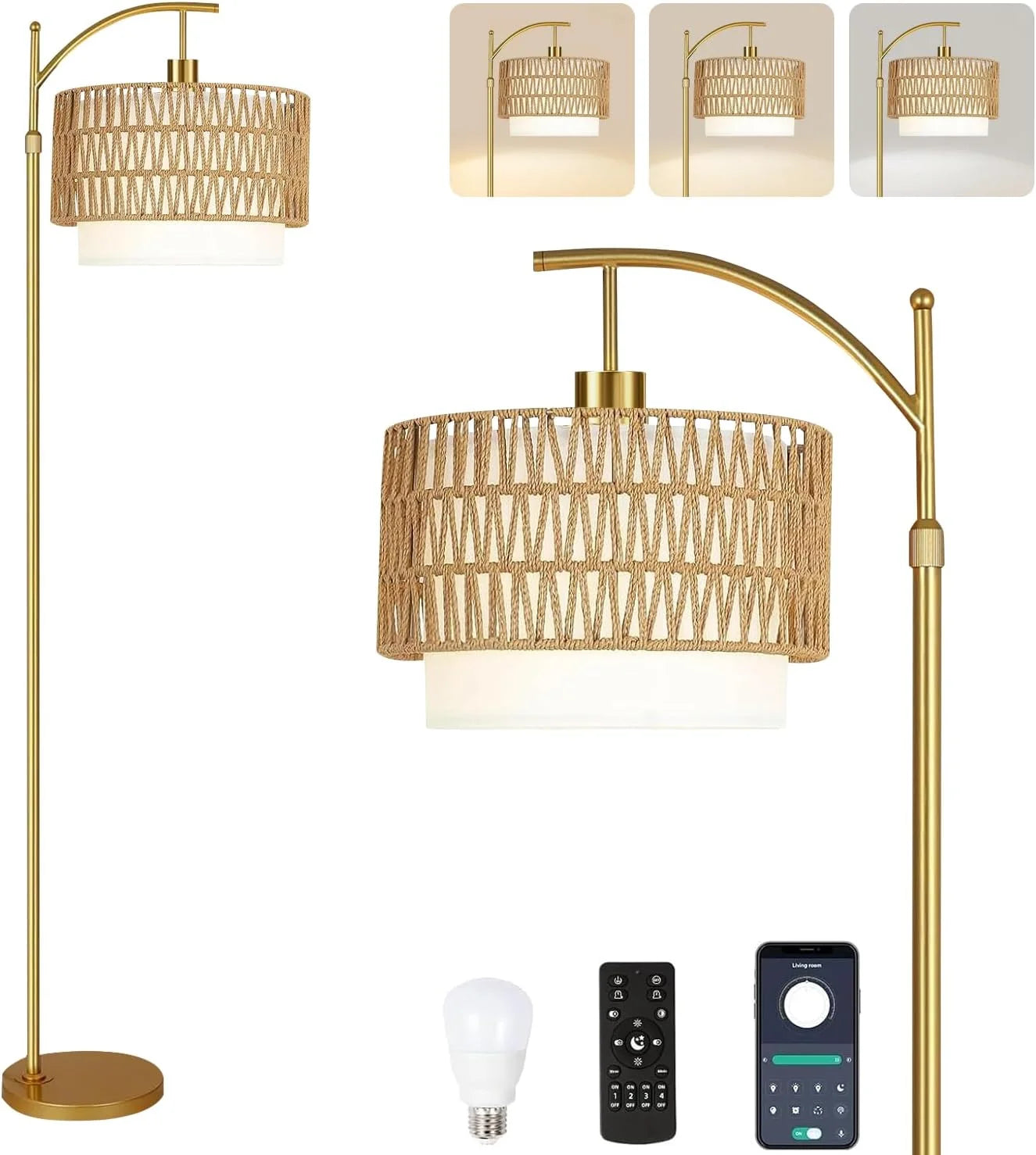 Discount Floor Lamp for Living Room Rattan Boho Floor Lamp with Remote Control, Dimmable, 3-Color Temperature - Image 11