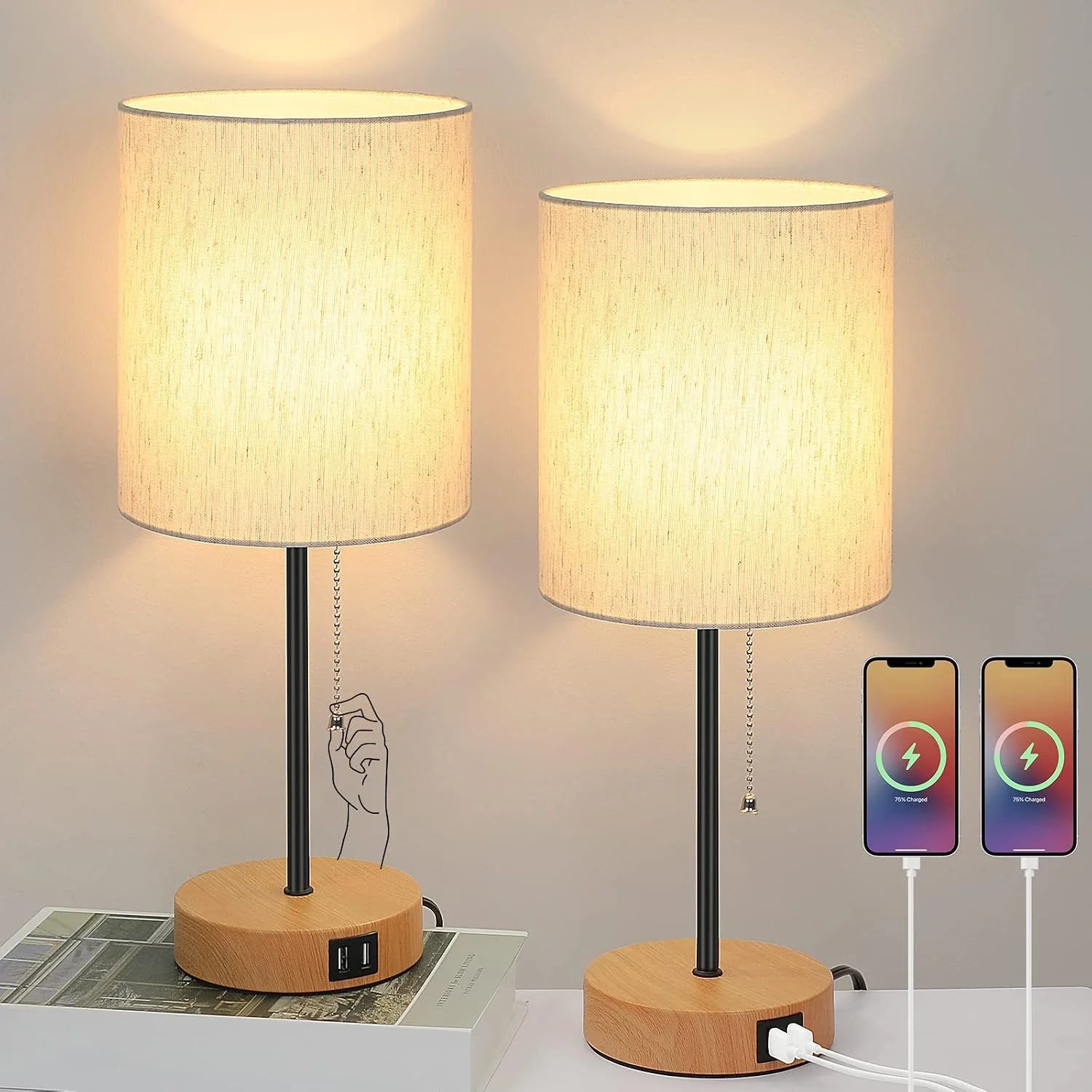 Discount 17.3" Table Lamps Set of 2 with 2 USB & AC Outlet, Pull Chain
