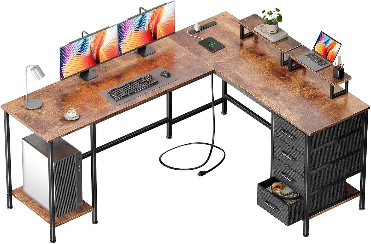 Discount Korfile 59 inch L Shaped Computer Desk with Power Outlets, Home Office Desk with 4 Adjustable Storage Drawers & 2 - Image 4