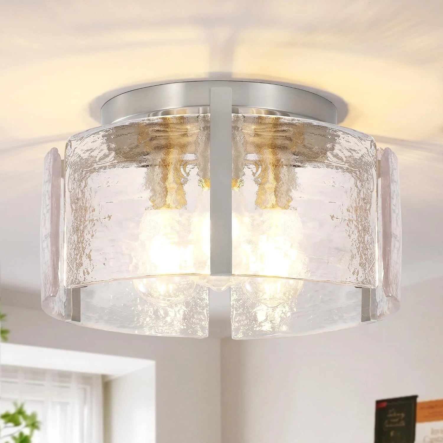 Discount Modern Gold Semi Flush Mount Ceiling Light, Dimmable, 3-Light Farmhouse Glass Drum Light Fixture - Image 3