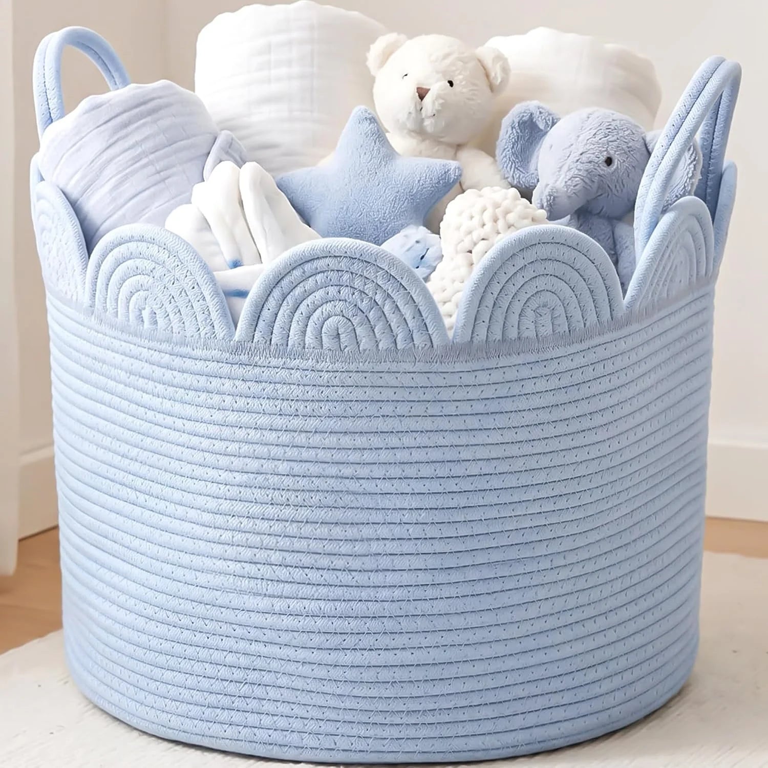 Discount Woven Basket Brown, 16 L X 16 W X 14 H, Large Storage for Blankets Toys Laundry, Cotton Rope Scalloped Edge