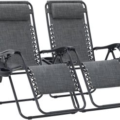 Discount JEAREY Zero Gravity Lounge Chairs Set of 2, Adjustable Steel Mesh Recliners with Pillows and Cup Holder Trays for Patio
