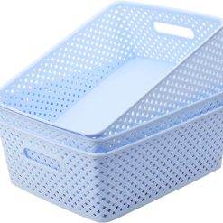Discount 3 Pack Plastic Storage Baskets, Large, White, Durable Woven Plastic with Built-In Handles