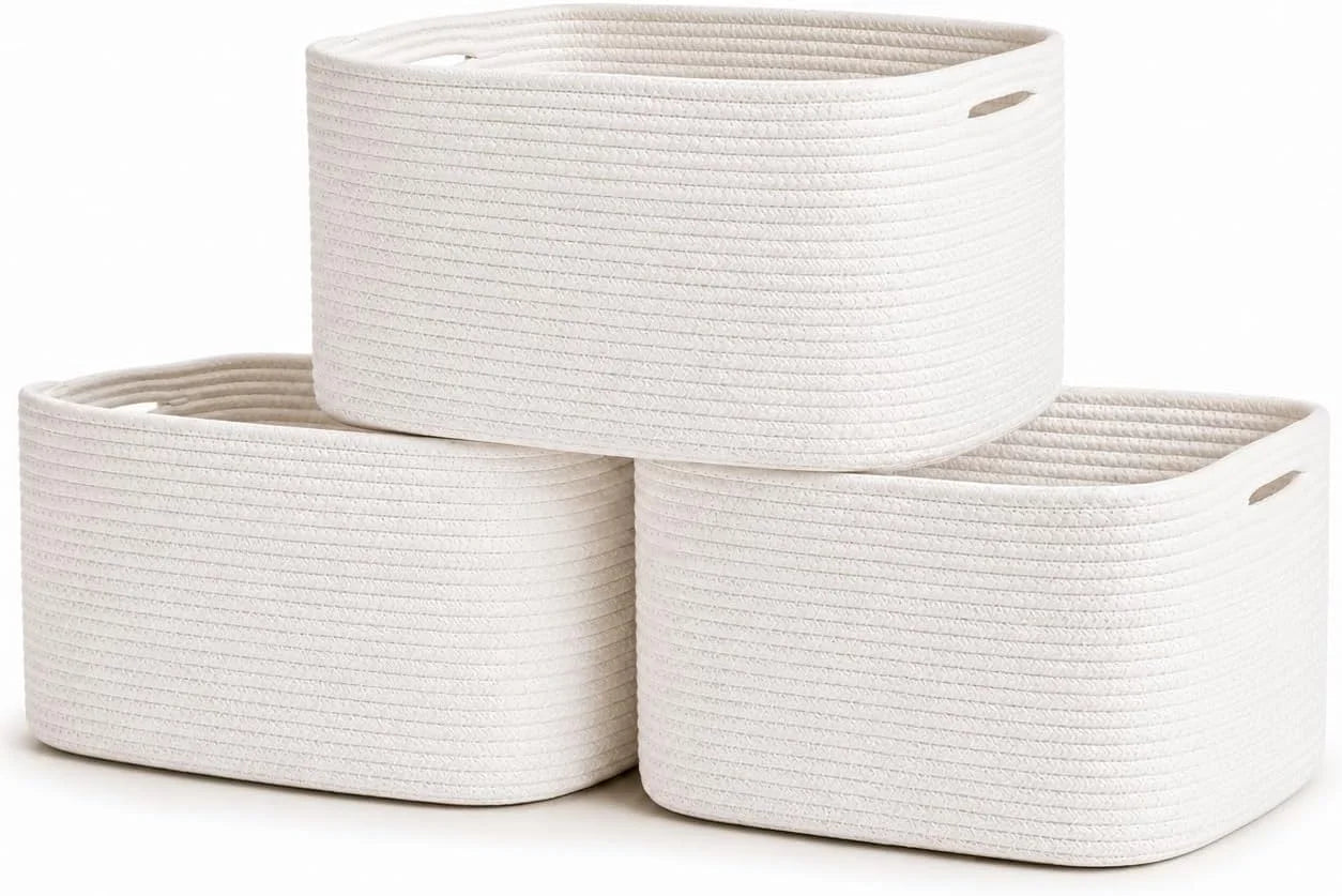 Discount OrganiHaus Cotton Rope Baskets for Shelves, Set of 3, 15x9x10, Handwoven, a toy bin and organizer for towels - Image 20
