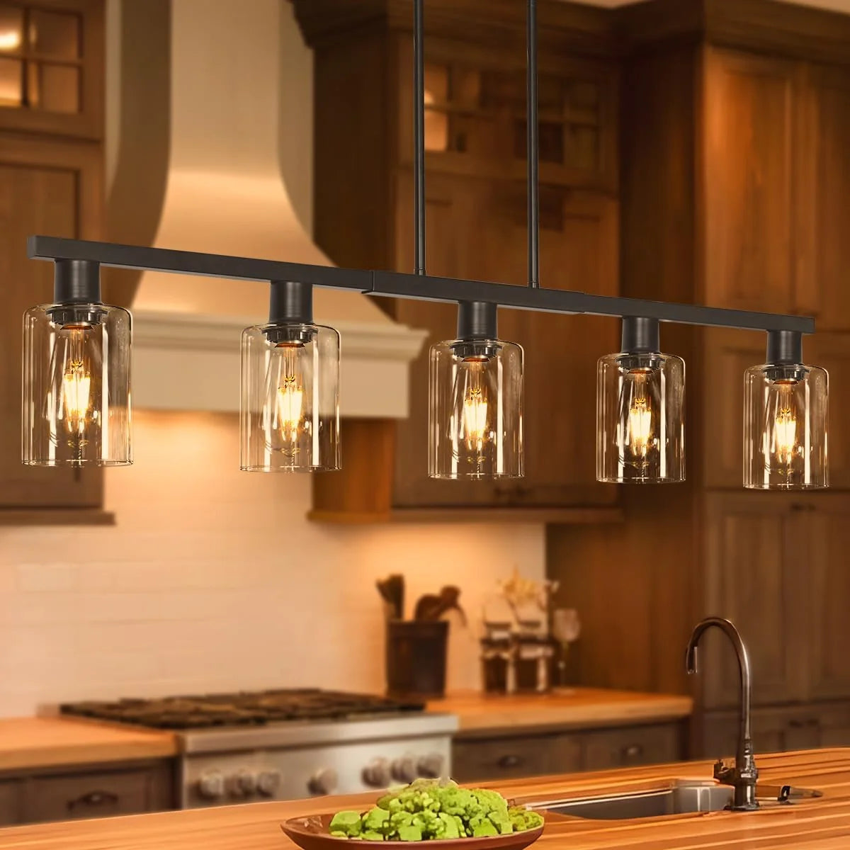 Discount Kitchen Island Lighting, Farmhouse Chandelier with Adjustable Height & Clear Glass Shades - Image 7