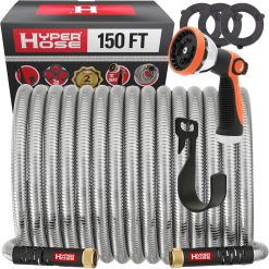 Discount Best 100 ft Metal Garden Hose Set, No-Kink Durable 316 Stainless Steel, 10-Way Zync Spray Nozzle & Hook