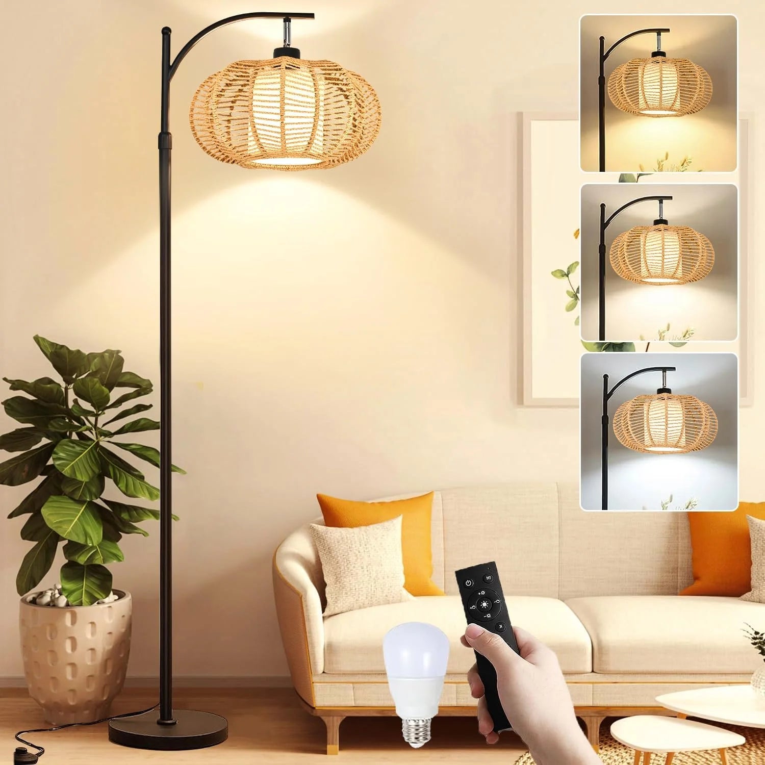 Discount Floor Lamp for Living Room Rattan Boho Floor Lamp with Remote Control, Dimmable, 3-Color Temperature - Image 4