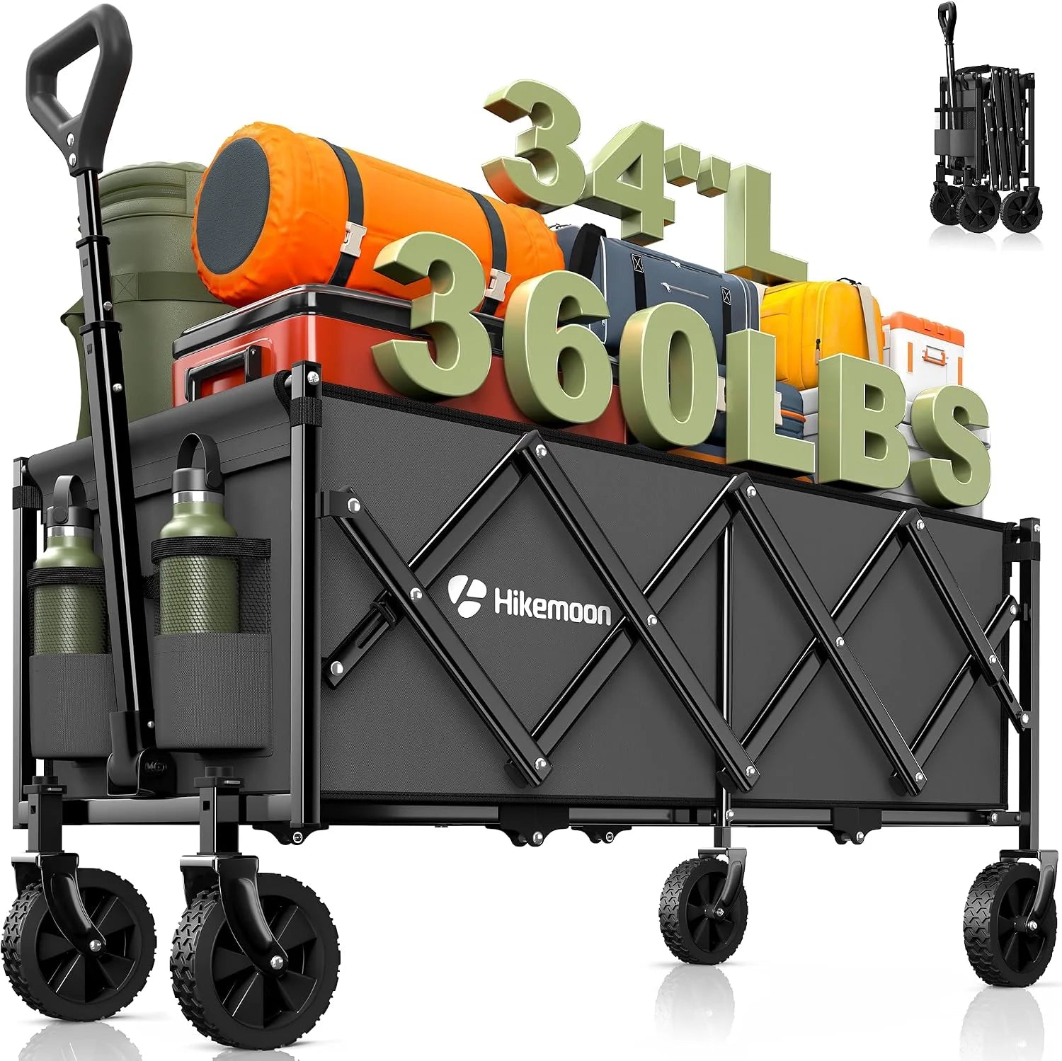 Discount 34” Extra Long Folding Portable Wagon Cart, 120L 360LBS Black