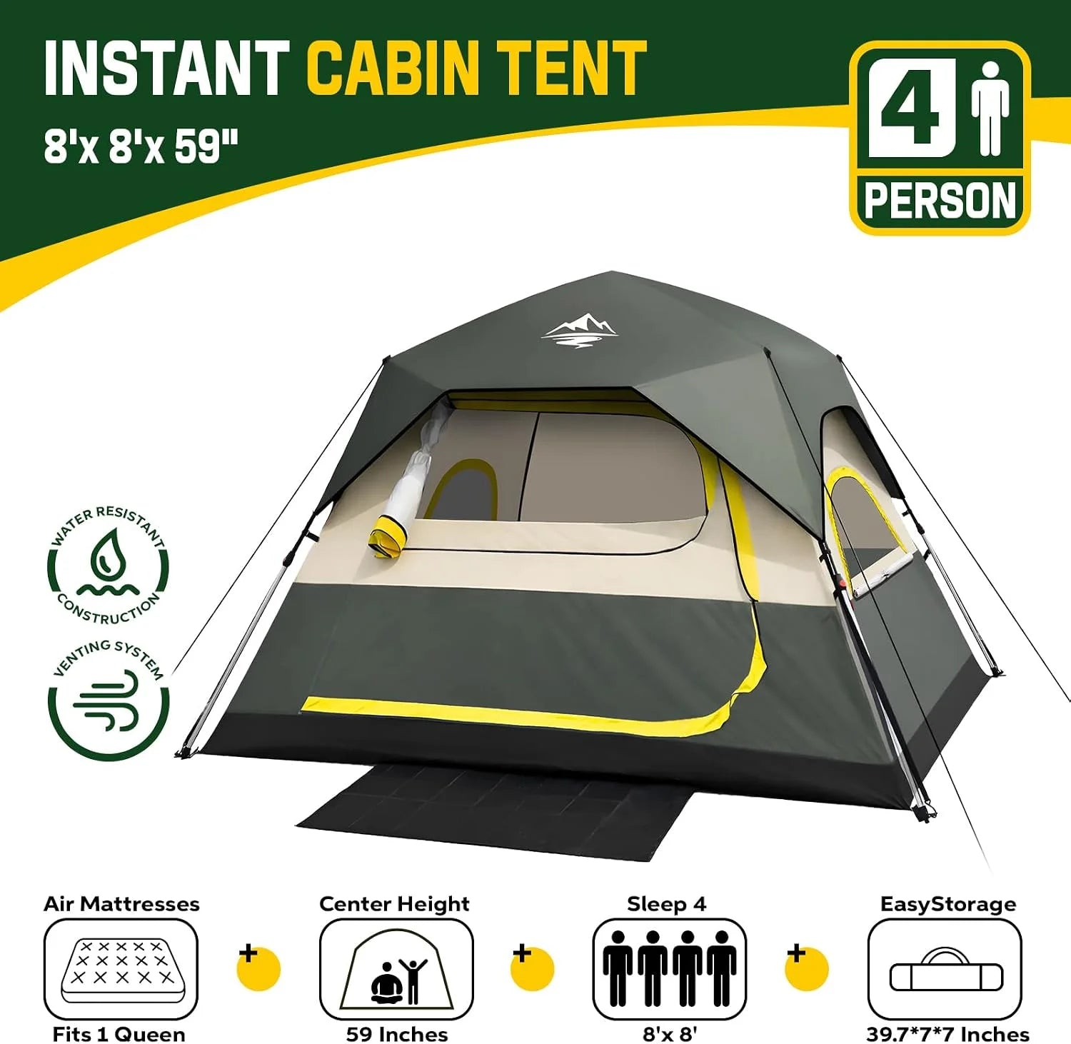 Discount 4 Person Instant Tents for Camping Setup in 50s, Cabin Tent with Rainfly, Waterproof Windproof Camping Tent - Image 7