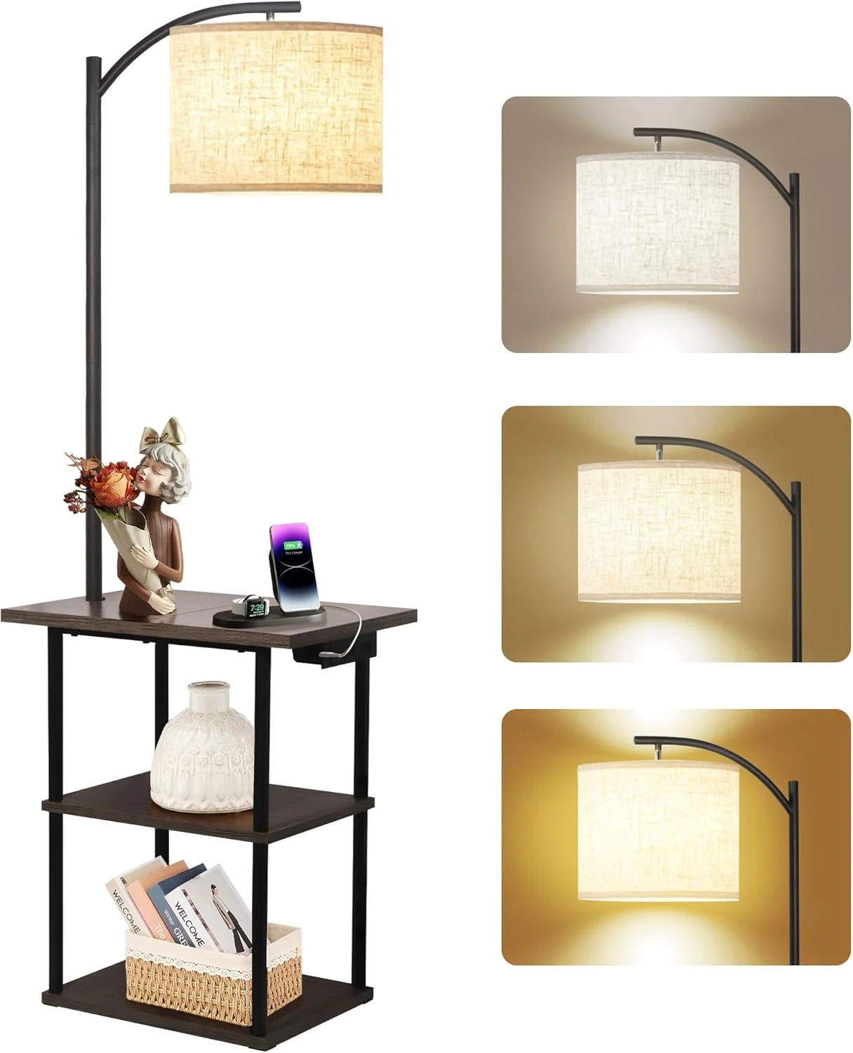 Discount PESRAE Floor Lamp with Table, 3-Color Temperature, 9W LED, Modern Shelves Side Table for Bedroom