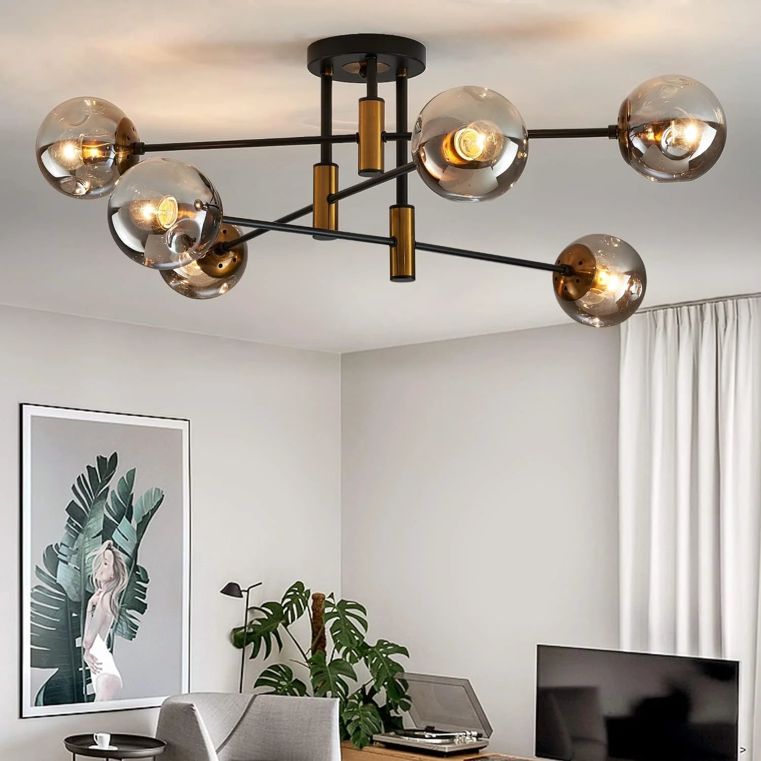 Discount 6-Light Glass Globe Sputnik Chandelier Modern Matte Black and Gold Ceiling Light Fixture Vintage Hanging - Image 10