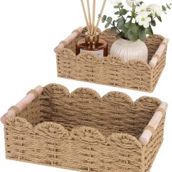 Alternative view of Discount Storage Organizing Baskets, Set of 2 Scalloped Edge Wicker Basket with Wooden Handles Toilet Paper