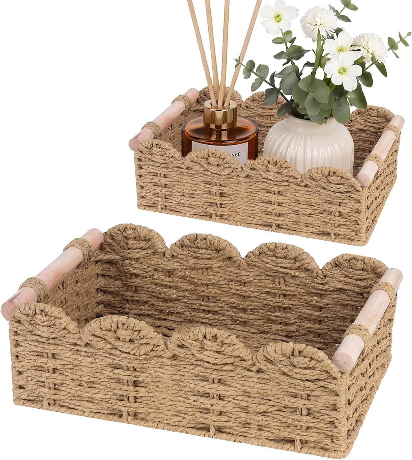 Discount Storage Organizing Baskets, Set of 2 Scalloped Edge Wicker Basket with Wooden Handles Toilet Paper - Image 2