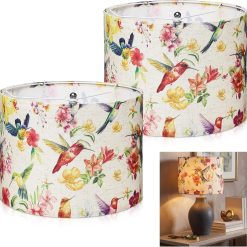 Alternative view of Discount 2 Pack Chinoiserie Drum Lamp Shade 13 x 13 x 10 Inch Cream Linen Lampshade with Exquisite Bird Floral Lining