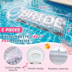 Alternative view of Discount 5 Pcs Bachelorette Pool Floats Set, Bride Pool Party Decor: 72 Glitter Bride Raft Lounger & 4 Heart Swim Rings