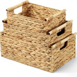 Alternative view of Discount Storage Baskets for Organizing 3 Pack, Natural Water Hyacinth Ratten Baskets with Wooden Handles, Decorative
