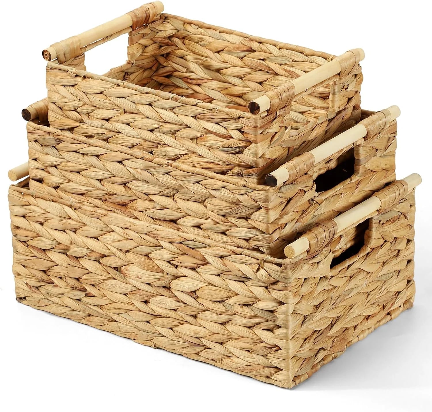 Discount Storage Baskets for Organizing 3 Pack, Natural Water Hyacinth Ratten Baskets with Wooden Handles, Decorative - Image 2