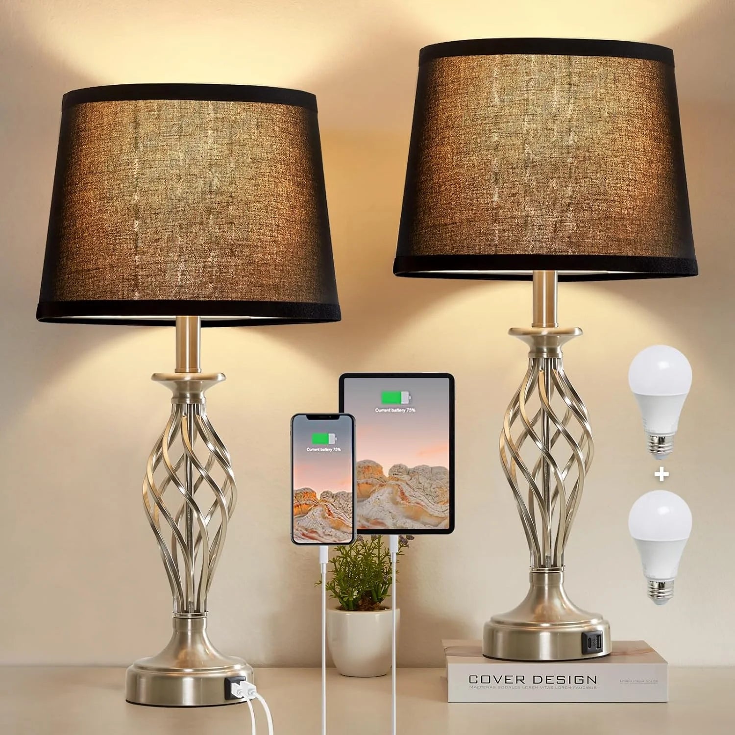 Discount Lamp for Bedroom Set of 2 with USB C+A Ports, Bulb Included, Modern Bedside Lamps with Spiral Cage Base - Image 6
