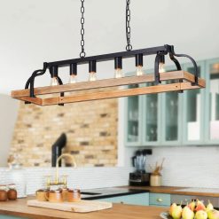 Alternative view of Discount 5-Light Metal Chandelier Imitation Wood Grain Linear Pendant Ceiling Lighting Rustic Farmhouse Fixture Kitchen