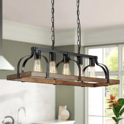 Discount 5-Light Metal Chandelier Imitation Wood Grain Linear Pendant Ceiling Lighting Rustic Farmhouse Fixture Kitchen