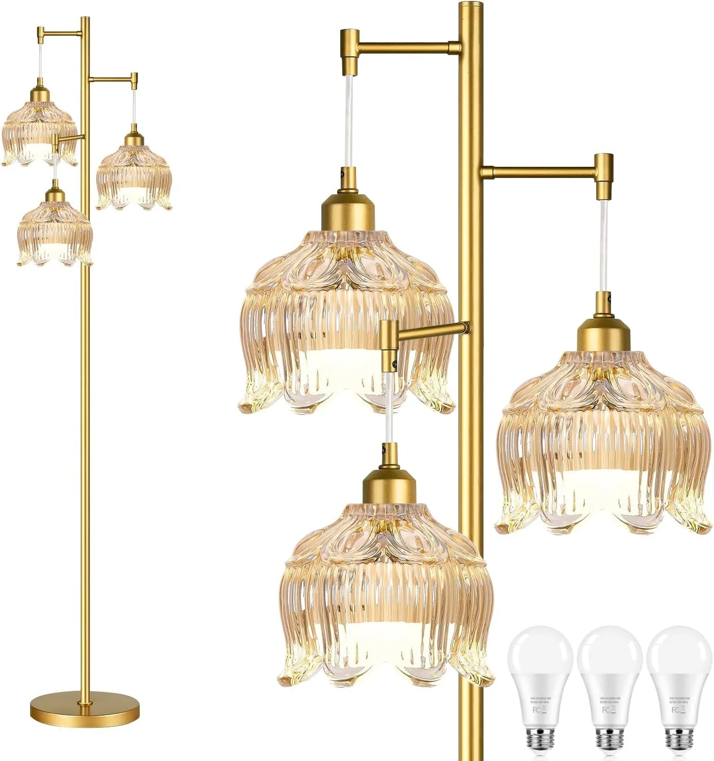 Discount ZECOXOL Vintage Floor Lamp for Living Room Bedroom-3 Light Glass Floor Lamp with Three Led Bulb - Image 5
