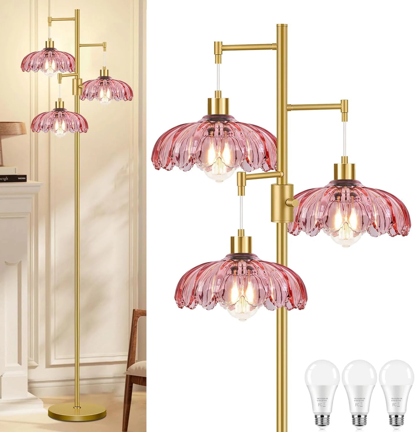 Discount ZECOXOL Vintage Floor Lamp for Living Room Bedroom-3 Light Glass Floor Lamp with Three Led Bulb - Image 14