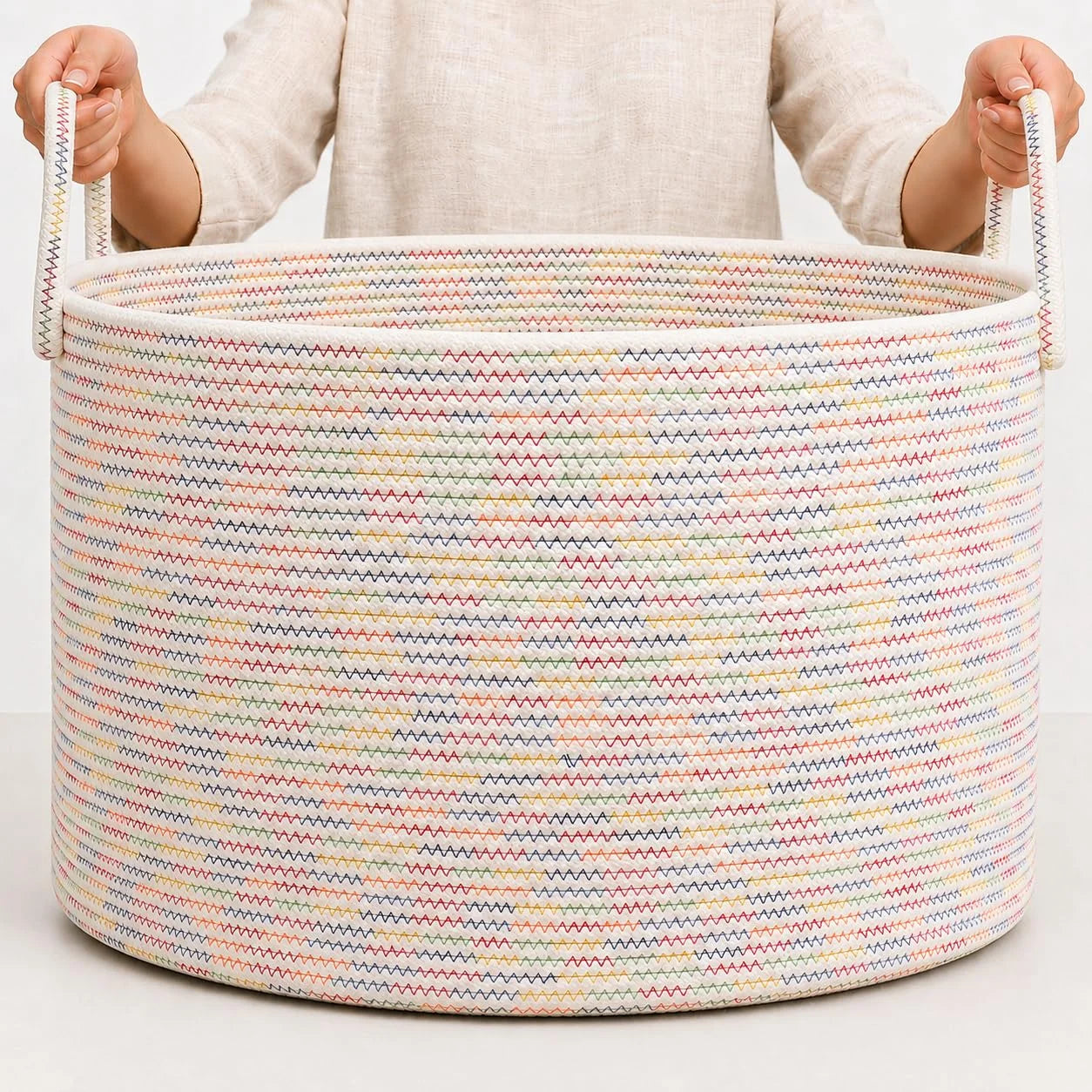 Discount OrganiHaus Round Toy Basket & Blanket Basket, Cotton Rope 20×13, Full Honey, Round Cotton Rope Basket, 20×13 - Image 13