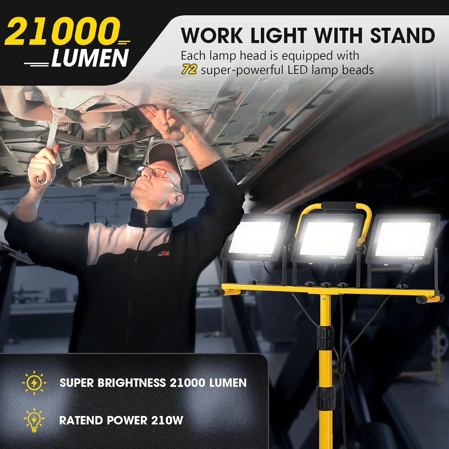 Discount 21000Lumen LED Work Lights with Stand, 3 Head Portable Work Light with 16FT Cord, IP66 Waterproof Tripod - Image 4