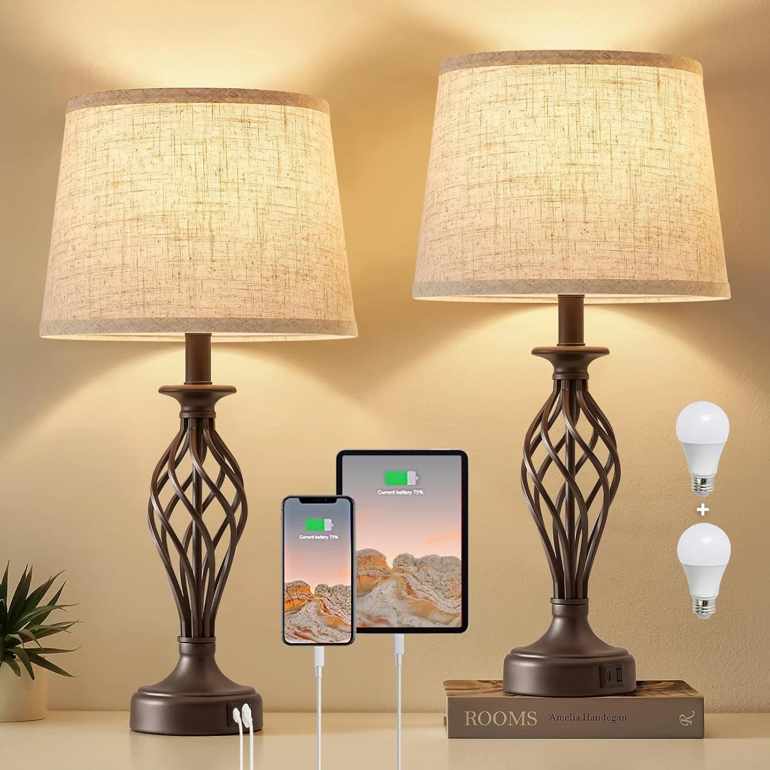Discount Lamp for Bedroom Set of 2 with USB C+A Ports, Bulb Included, Modern Bedside Lamps with Spiral Cage Base - Image 4