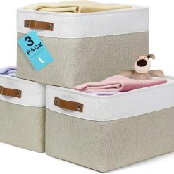 Discount Baskets 3 Pack, Fabric Bins for Shelves, Vegan leather handles