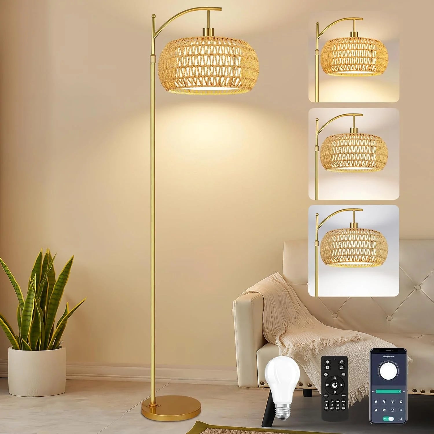 Discount Floor Lamp for Living Room Rattan Boho Floor Lamp with Remote Control, Dimmable, 3-Color Temperature - Image 5
