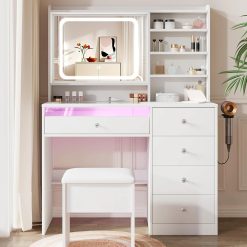 Discount White Makeup Vanity Desk with Charging Station & 4 Drawers, Smart LED Mirror