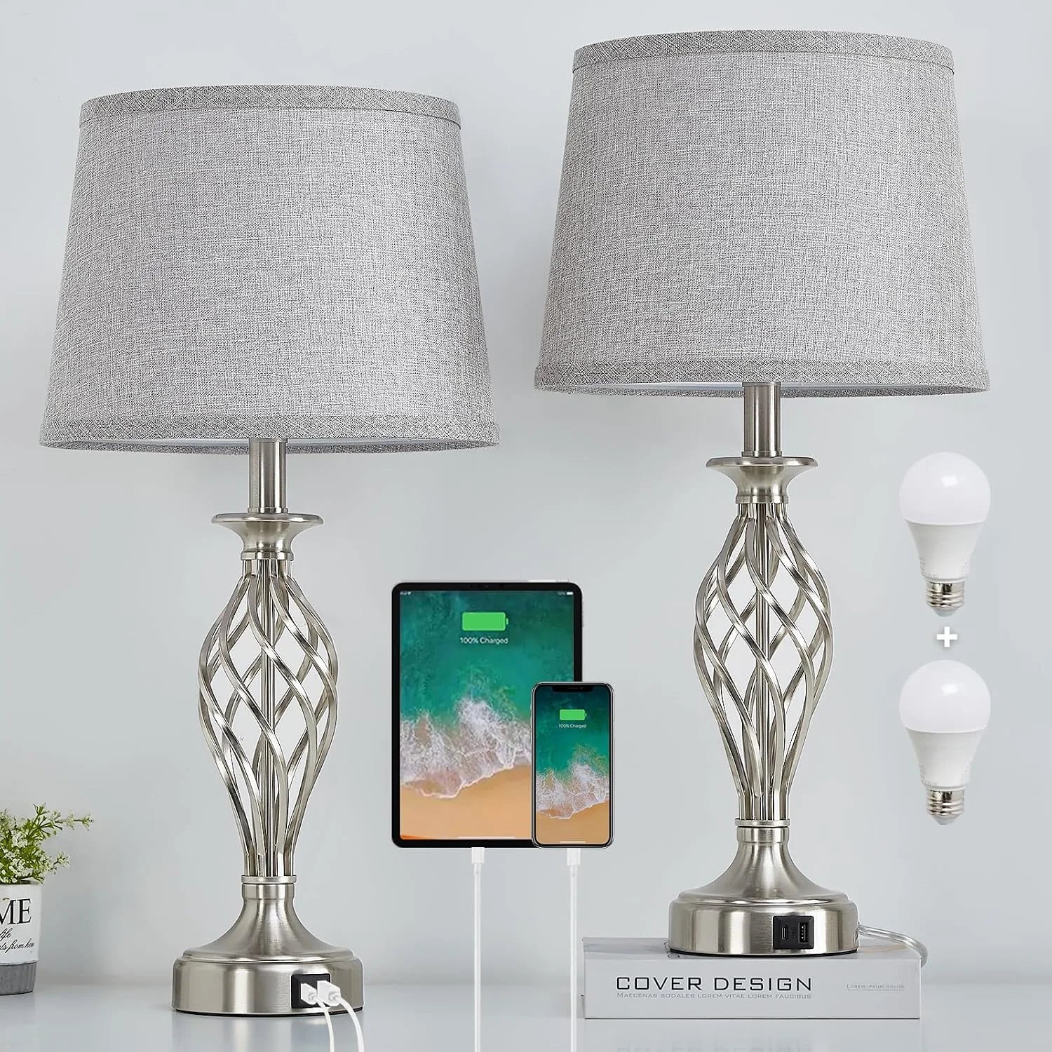 Discount Lamp for Bedroom Set of 2 with USB C+A Ports, Bulb Included, Modern Bedside Lamps with Spiral Cage Base - Image 5