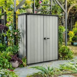 Discount Premier Tall 4.6x5.6 ft Resin Outdoor Storage Shed, Backyard Garden Shed with Shelving Brackets for Tools