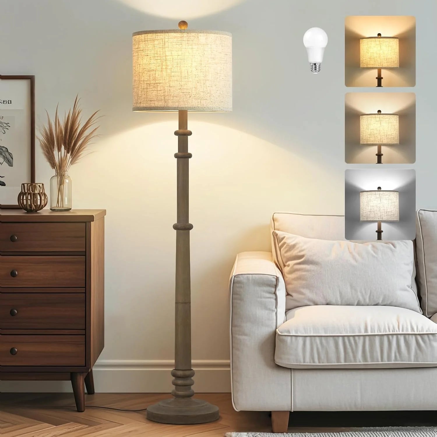 Discount Floor Lamp, Vintage Standing Lamp Reading Light with Linen Shade Retro Tall Lamp for Bedroom Office - Image 8