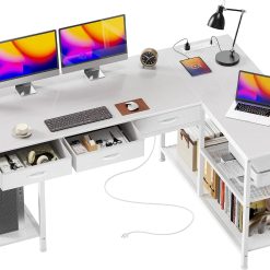 Discount 55 Inch L Shaped Office Desk with Power Outlets and Type-C Port, Large Computer Gaming Desk with 3 Fabric