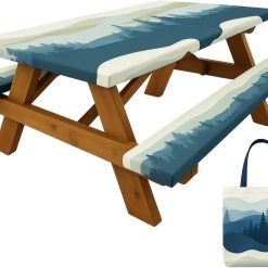 Discount Premium Vinyl Fitted Picnic Table Cover with Bench Covers & Bag, Outdoor Waterproof & Windproof Durable Tablecloth with Elastic Edges