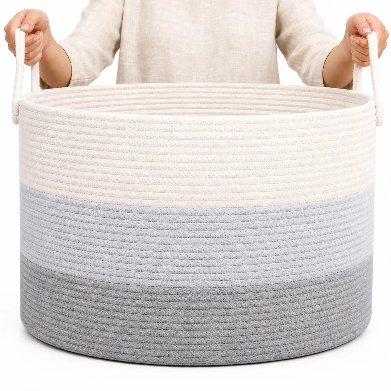 Discount OrganiHaus Round Toy Basket & Blanket Basket, Cotton Rope 20×13, Full Honey, Round Cotton Rope Basket, 20×13 - Image 3