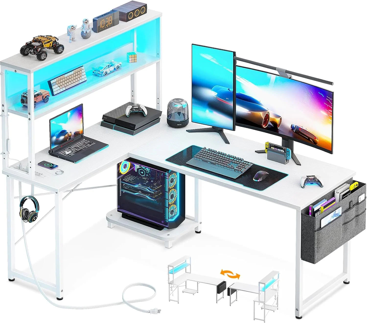 Discount L Shaped Desk Gaming Desk with LED Light & Power Outlet, 53 Inch Black Reversible L Shaped Computer Table - Image 6
