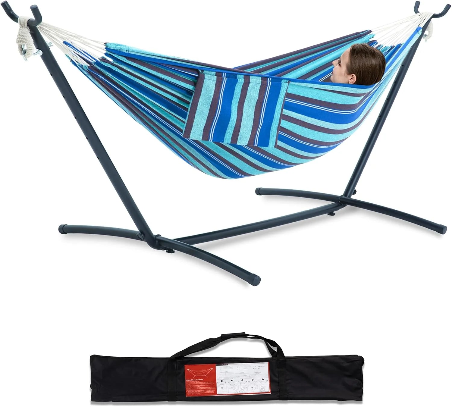 Discount Double Hammock with Stand for Outside, Heavy-Duty, Portable (Coffee) - Image 7