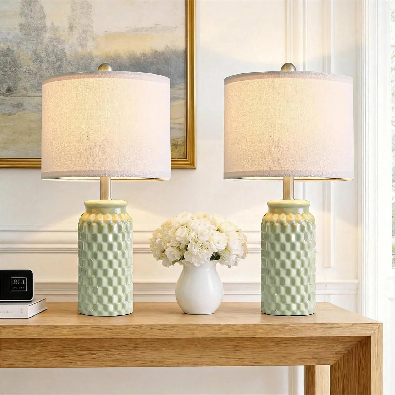 Discount Vortether 20.5 Small Bedside Lamps Set of 2 with 5FT Cord, Green Ceramic Modern Farmhouse Table Lamps for Nightstand - Image 4