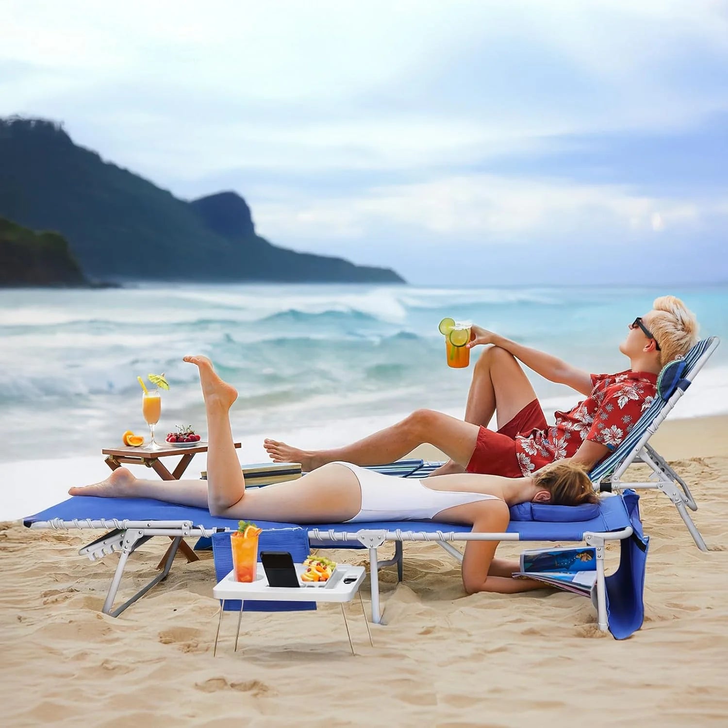 Special Beach Chair Face Holes, Lounge Chair Outdoor with Folding Side Table, 5-Position Recliner, Max 330lbs - Image 2