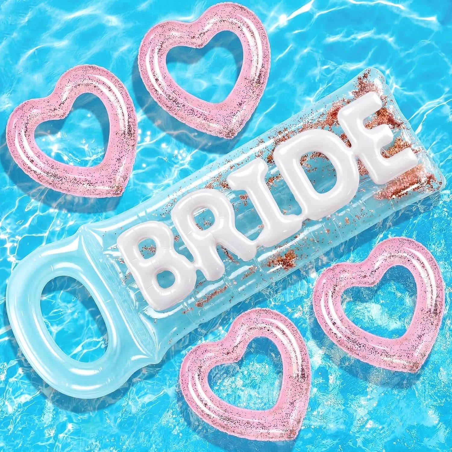 Discount 5 Pcs Bachelorette Pool Floats Set, Bride Pool Party Decor: 72 Glitter Bride Raft Lounger & 4 Heart Swim Rings