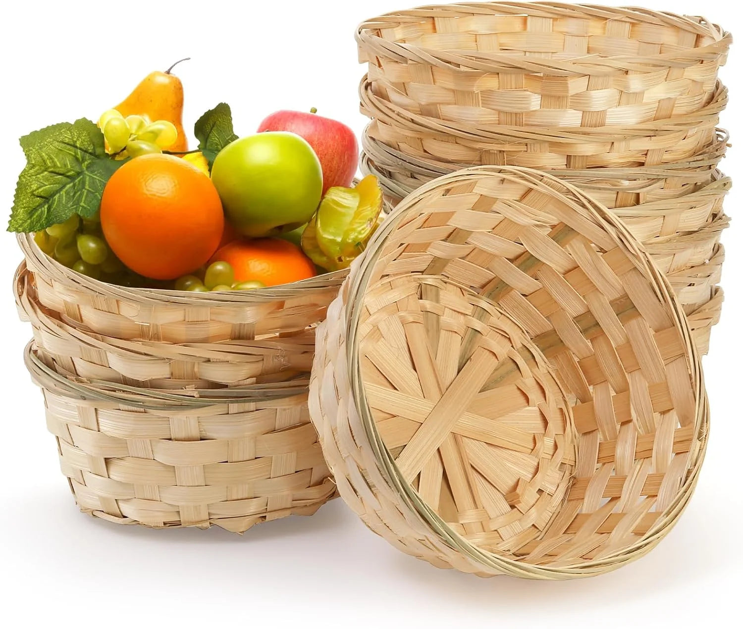 Discount Round Gift Baskets, 8 Inch Natural Bamboo Woven Fruit Basket, Small Wicker Bread Roll Serving Basket, Food