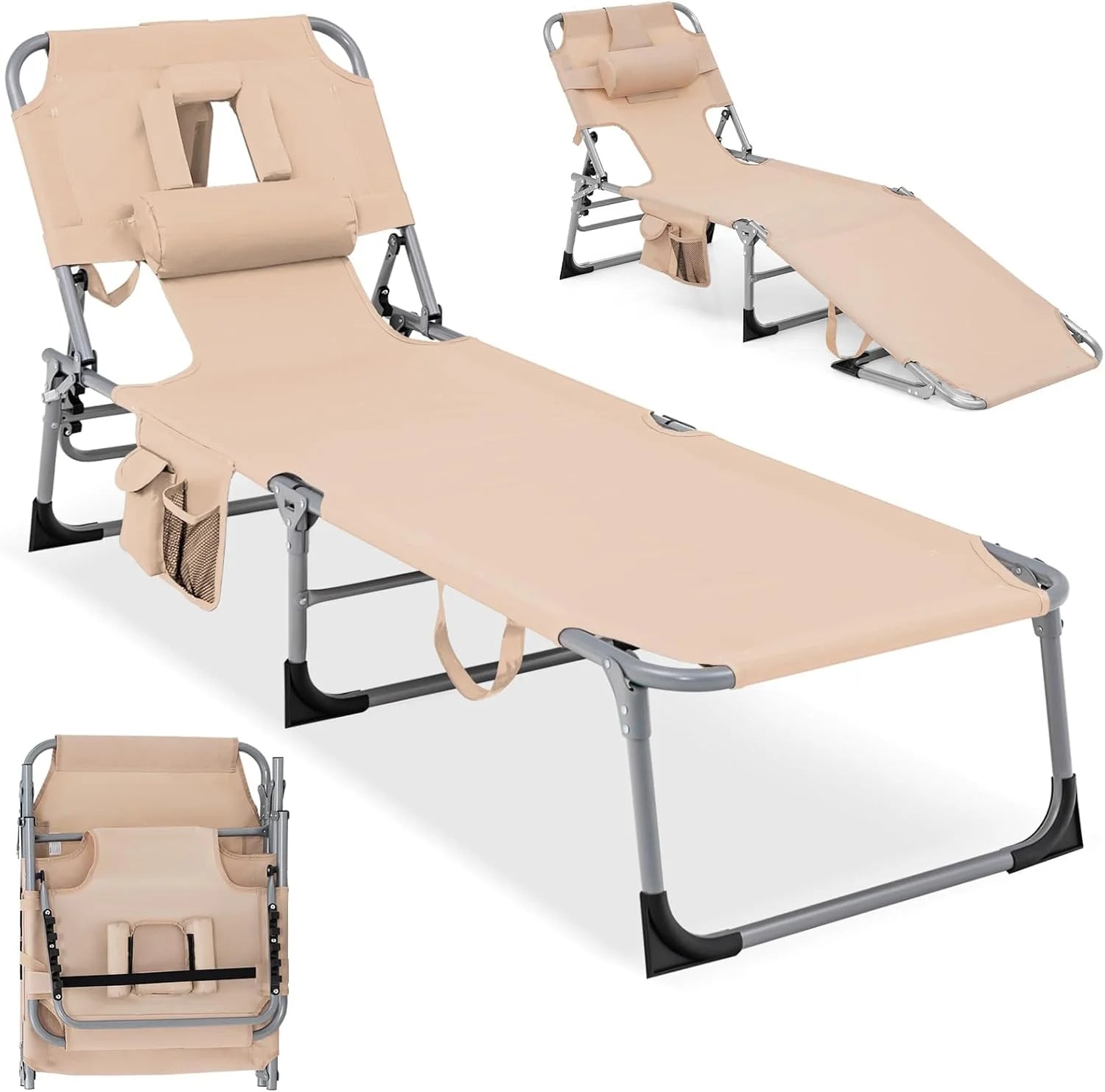 Discount Tanning Chair with Face Hole, Folding Beach Lounge Chair with 4-Position Adjustable Backrest, Camping (1 - Image 4