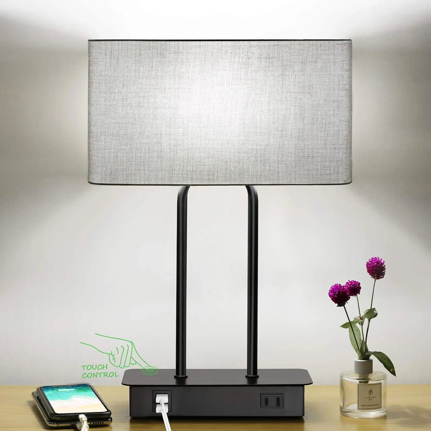Discount Lakumu Bedside Touch Control Table Lamps with Dual USB Charging Ports 1 AC Outlet, Dimmable