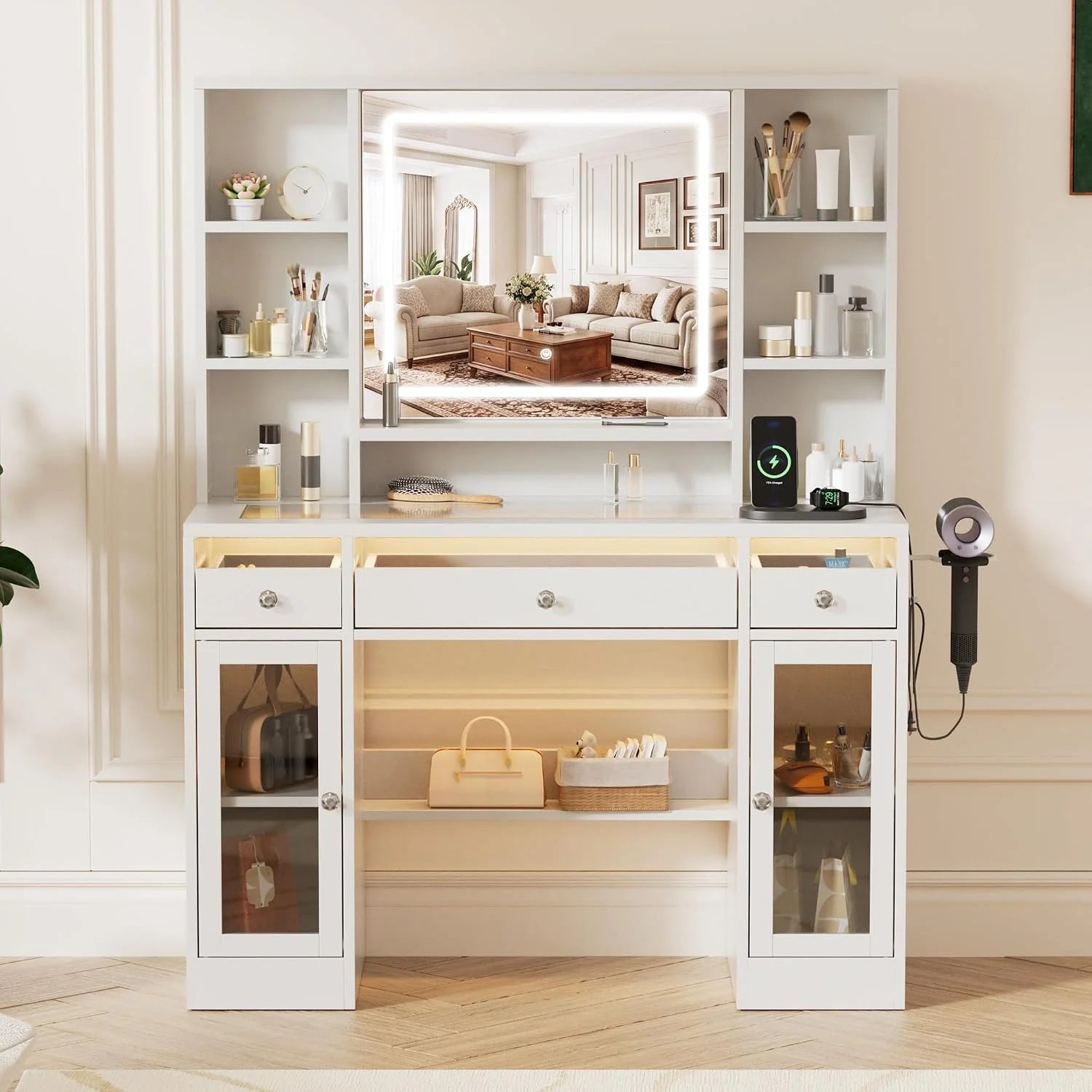Discount 43 Large White Makeup Vanity Desk with Charging Station, Smart LED Mirror, 7 Drawers, 4 Shelves - Image 3