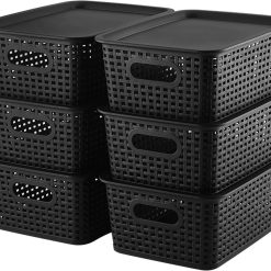 Discount Plastic Storage Baskets Bins With Lid Organizing Container Lidded Knit Storage Organizer Bins for Shelves Drawers