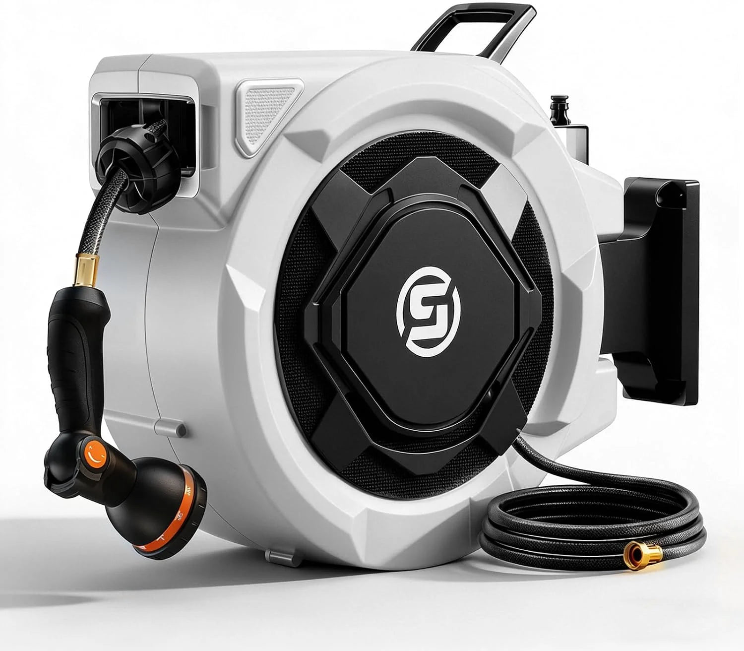 Discount Retractable Garden Hose Reel, 1/2 x 100ft Wall Mounted Hose Reel with 3/4" Brass Fitting & 10-Pattern Nozzle