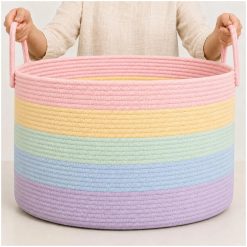 Discount OrganiHaus Round Toy Basket & Blanket Basket, Cotton Rope 20×13, Full Honey, Round Cotton Rope Basket, 20×13